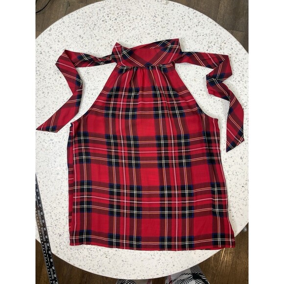 J Crew Size 2 Small Festive Red Holiday Tartanplaid  Bow Neck Top Halter Office - Picture 6 of 9
